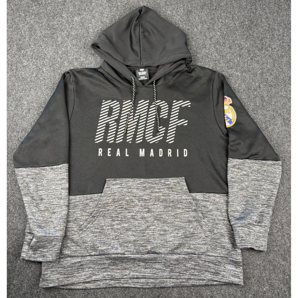 Real Madrid CF Mens Hoodie Black Grey Space Dye RMCF Soccer Sweatshirt Medium